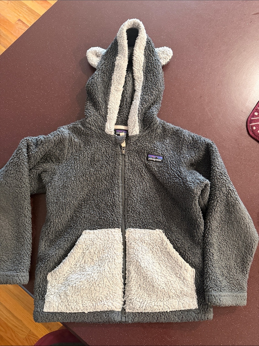 Patagonia Kids Gray Sherpa Zip Hoodie with Cream Accents and Ears